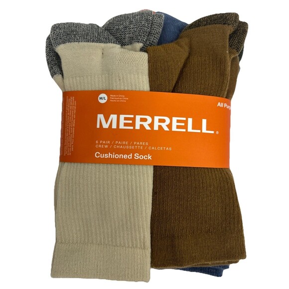 Merrel Men’sCrew Socks M/L Cushioned Shoe Size 9-12 Brown Beige Green 6 Pack NEW - Picture 1 of 7